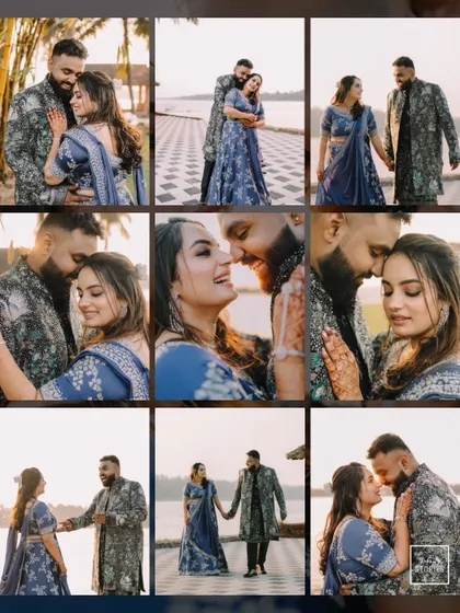A collage of romantic and playful moments from a Sangeet night. It showcases a variety of couple portraits, from intimate close-ups to happy, interactive shots by the water.