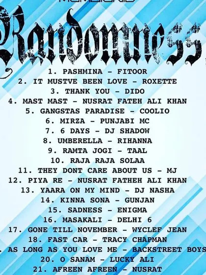The tracklist for "Randomness Vol. 1." You can see the eclectic mix, from Nusrat Fateh Ali Khan and Coolio to Roxette and DJ Shadow.