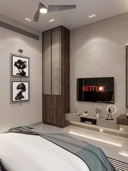 The TV and dresser area in the parent's room, featuring a floating console and integrated lighting. The design is simple yet elegant, maintaining a cohesive and serene atmosphere.