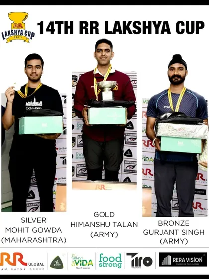 The senior winners of the 14th RR Lakshya Cup on the podium: Himanshu Talan (Gold), Mohit Gowda (Silver), and Gurjant Singh (Bronze).