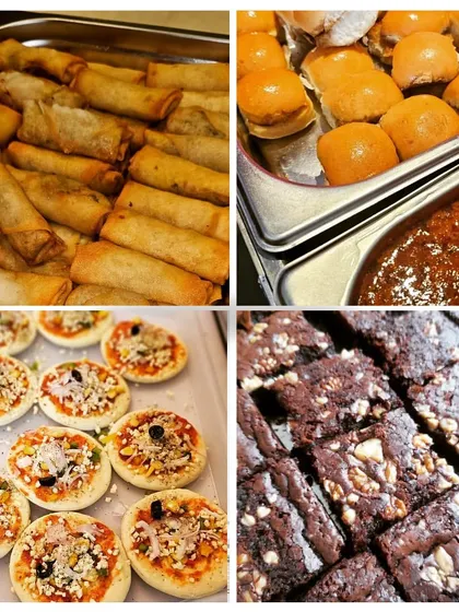 A birthday platter featuring a variety of snacks. This collage shows spring rolls, mini pav bhaji, mini pizzas, and walnut brownies, all of which can be included in a custom snack box.