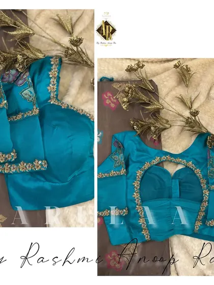 A teal blue blouse with a unique back cutout and sleeve design. The embroidery is kept minimal and elegant, focusing on the pattern of the blouse itself.
