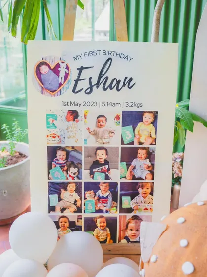 Another view of Eshan's milestone board, showing his photos from each month of his first year.