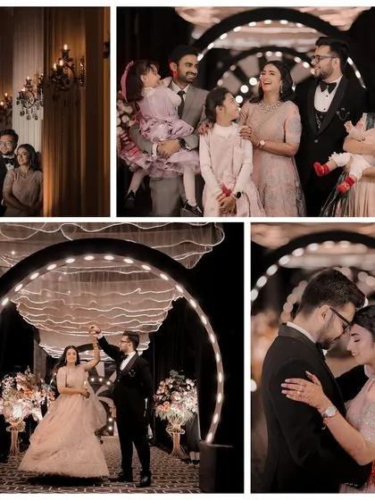 A collage filled with love and family at the Sangeet. It showcases the couple's romantic dance, intimate portraits, and happy moments with their family and children.