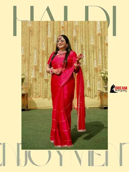 A full-length portrait of Ahana against a traditional marigold backdrop, perfectly embodying the spirit of the Haldi ceremony.