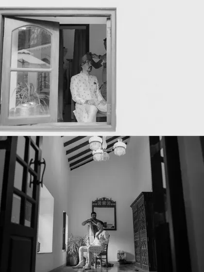 A black and white collage of the groom getting ready in a heritage-style room, capturing a timeless and classic feel.