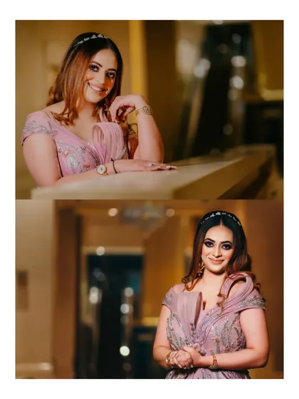 A collage of the bride's portraits, capturing her beauty and the details of her lavender gown and elegant updo from multiple angles.