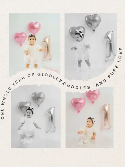 A beautiful collage celebrating one whole year of giggles, cuddles, and pure love. It’s a perfect summary of her first birthday photoshoot.