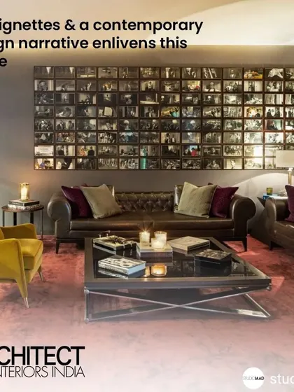 The "Envelope" home in New Delhi, featured in Architect and Interiors India, uses art vignettes to create a contemporary design narrative. The basement lounge features a wall of black-and-white film stills, a nod to the owner's cinematic background.