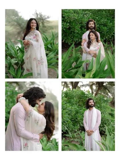 A collage of romantic pre-wedding moments in Goa, showing the couple's chemistry amidst lush green foliage.