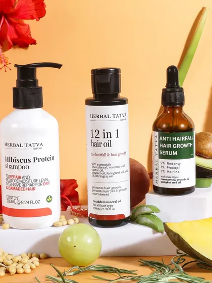 This shot focuses on the Hibiscus Protein hair care line. I used hibiscus flowers and other natural elements against a bright, warm background to create a vibrant and tropical feel.