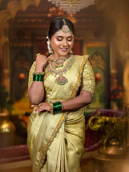 A beautiful South Indian bridal look in a golden saree, created for a portfolio shoot.