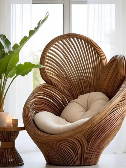 Furniture can be functional art. I designed this custom peacock-inspired chair from rattan to be a statement piece, offering a unique and comfortable corner to relax. If you can dream it, my team and I can create it.