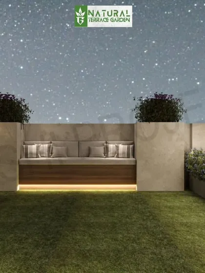A 3D render of a minimalist terrace seating nook. The built-in bench is nestled between planters, creating a private and serene spot to unwind.