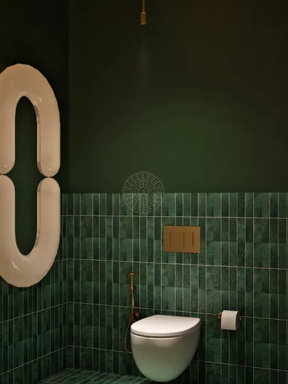 A close-up of the unique lighting and tile work in the men's stalls, where every detail was chosen to contribute to the overall luxurious and cohesive design.
