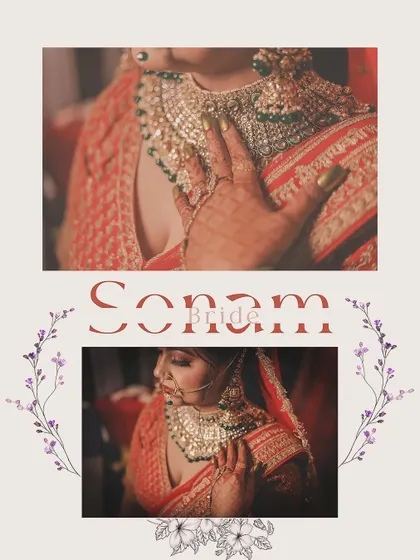A soft and elegant bridal collage focusing on the bride's jewelry and gentle expressions. The light, airy design with a floral wreath adds a touch of romance.
