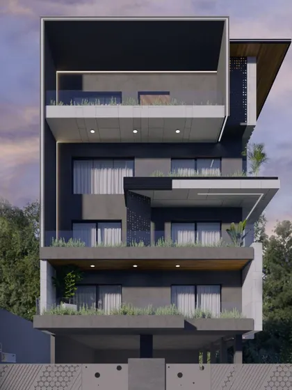 Another angle of the dark-themed facade render (ID 50), providing a clearer view of the building's form and cantilevered elements.