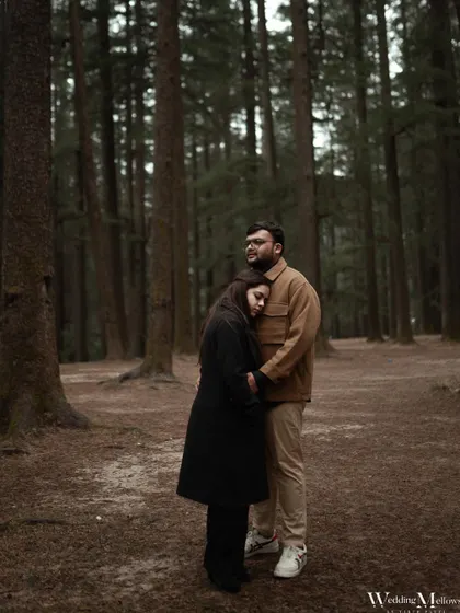 An intimate embrace in the quiet woods of Manali. The moody lighting and natural surroundings create a deeply romantic and peaceful atmosphere for this portrait.