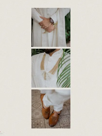A triptych of the groom's details: his hands, his necklace, and his traditional shoes (mojaris).