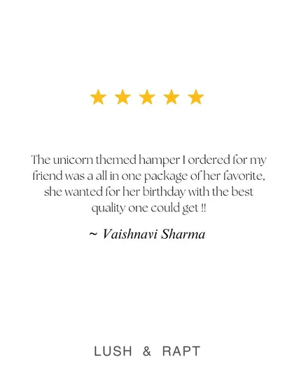 "The unicorn themed hamper I ordered... was a all in one package of her favorite." This testimonial highlights how my themed hampers cater to specific interests and deliver joy.