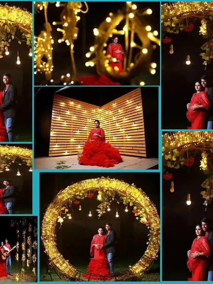A collage of maternity photos taken in our studio, showing a couple in a red gown against various light-filled backdrops.