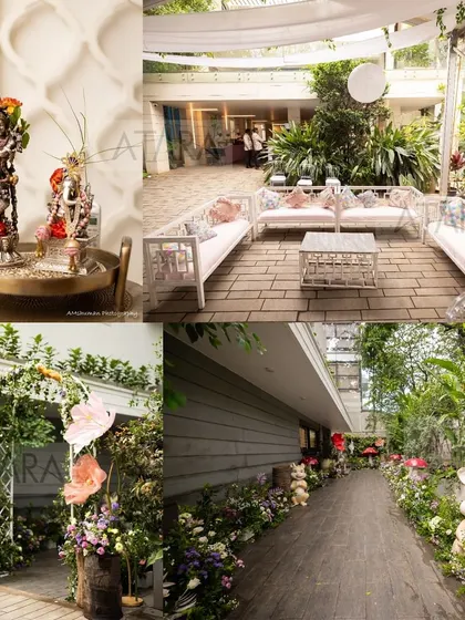 A collage of our woodland wonderland theme, showing various elements like the seating area, the decorated pathway, and close-ups of the decor, giving a comprehensive view of the event's ambiance.