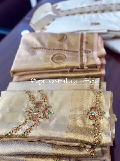 A collection of off-white and gold blouses, all featuring my signature temple jewellery work.