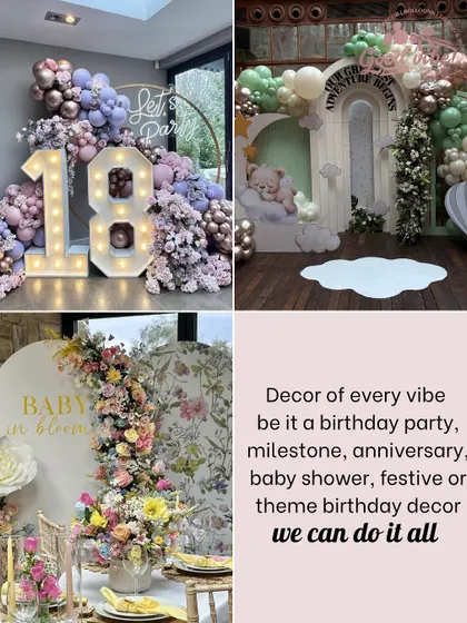 A collage showing decor for every vibe, from an 18th birthday to a "Baby in Bloom" shower and an adventure-themed kids' party.