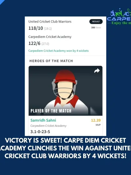Victory is sweet. A 4-wicket win against United Cricket Club Warriors, with Samridh Sahni's 5-wicket haul making him the hero of the match.