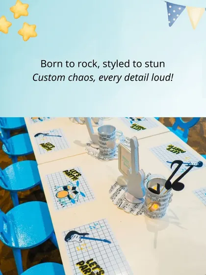 We designed custom placemats and centerpieces for the kids' table at Vansh's party, featuring musical notes and graphics that tied the whole "Born to Rock" theme together.