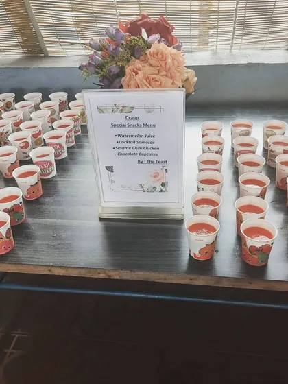 A welcome drink station set up for a corporate event. We served refreshing watermelon juice and other beverages to greet guests as they arrived.