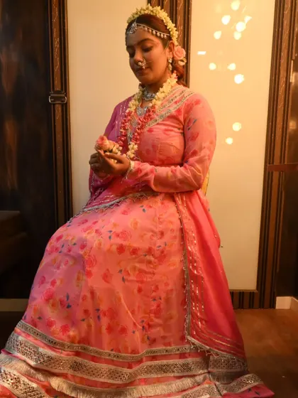 A full view of the Radha costume. The flowing pink lehenga with silver gota patti work was custom-designed to bring my vision of a modern, graceful Radha to life.