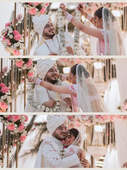 A sequence of emotional moments during the Varmala ceremony, from the exchange of garlands to a heartfelt hug.