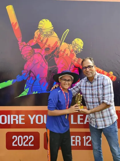 Ayan Khandelwal, Player of the Match, receiving his award. He was exceptional with both bat and ball.