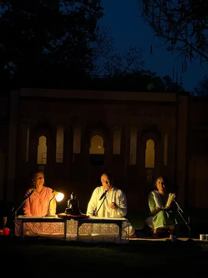 An evening meditation session held outdoors. The atmosphere is serene as we sit together in practice, guided by the teachings of the lineage.
