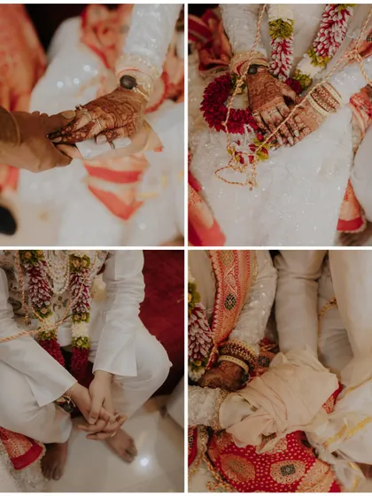A collage focusing on the hands during the wedding ceremony. It captures the Kanyadaan, the holding of hands, and other rituals that symbolize the couple's union.