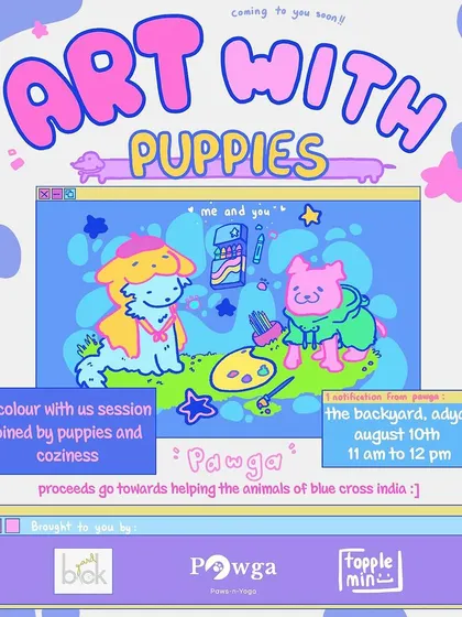 We're collaborating with Chennai-based artist Topplemin for a special adult coloring workshop with puppies at Backyard, Adyar.