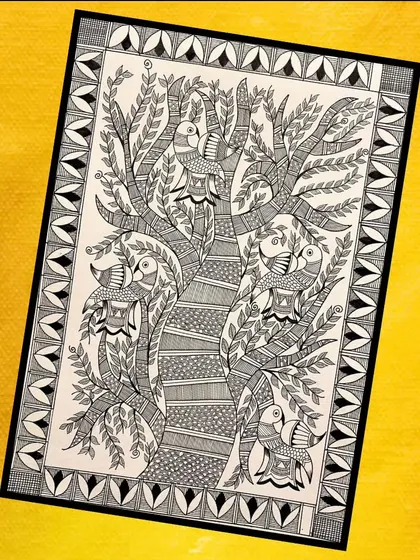 A classic black and white Madhubani painting, highlighting the intricate line work and patterns, known as 'bharni' and 'kachni' styles, that are central to this art form.