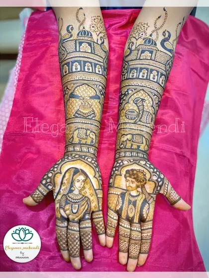 This bridal mehendi tells a story with detailed figures. It includes portraits of the bride and groom, along with elephants and palace architecture for a royal feel.