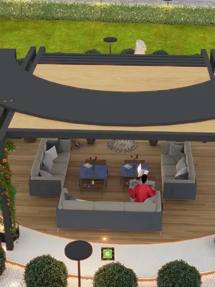 A top-down view of the pergola seating area from the 3D model. This detailed visualization allows us to finalize furniture layout and ensure comfortable circulation space.
