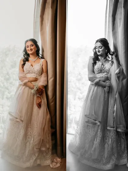 A diptych showing the bride's full-length portrait in both color and black and white. This showcases the elegance of her engagement outfit.