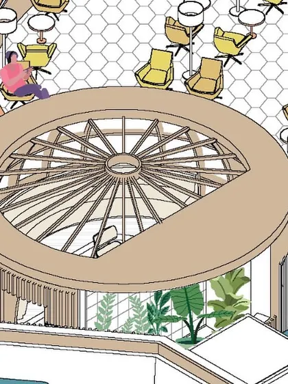 An axonometric drawing showing a 'day hotel' concept and reading pods within the 080 Lounge. We use these illustrations to explore and present innovative concepts for airport hospitality.