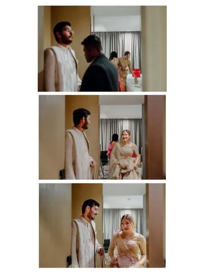 A "first look" sequence, capturing the groom's reaction as he sees his bride for the first time on their wedding day.