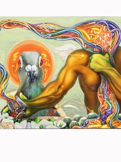 Titled "The Cup of Peace," this 36x60 inch oil on canvas from 2023 is a surrealist piece. It blends a human figure with a pigeon, a universal symbol of peace, to explore our inner quest for harmony.