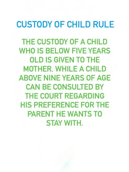 This infographic explains a general rule in custody cases. Custody of a child below five years is often given to the mother, while older children may be consulted by the court about their preference.