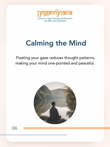 By fixating your gaze, Trataka reduces thought patterns, making your mind one-pointed and peaceful. This graphic explains how the practice helps in calming the mind.