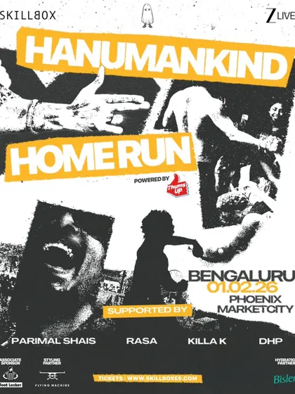The official poster for the Hanumankind Home Run tour in Bengaluru, featuring a gritty, high-energy design.