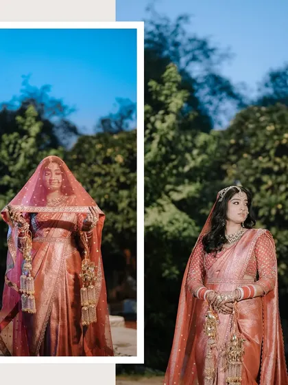 Two portraits of the bride in her red wedding saree. One shot captures her looking away thoughtfully, while the other shows her veiled, creating a sense of mystery and elegance.