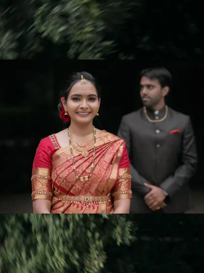 A creative shot using motion blur to frame a still, smiling portrait of the bride, with the groom slightly out of focus in the background.
