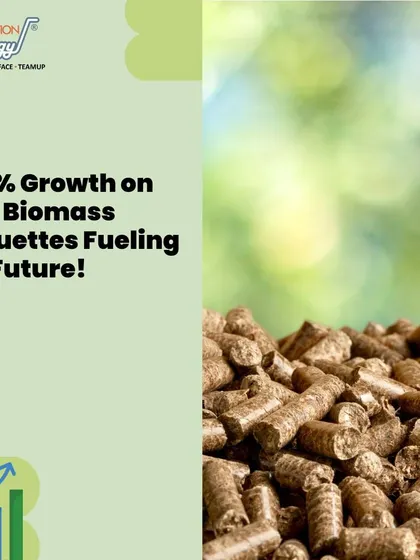 A promotional graphic highlighting the 7.25% growth in the biomass briquettes market. The image shows a pile of biomass pellets, visually representing the clean energy product we help clients manufacture and sell.
